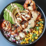 Grilled Shrimp Bowl with Avocado, Corn Salsa & Creamy Garlic Sauce