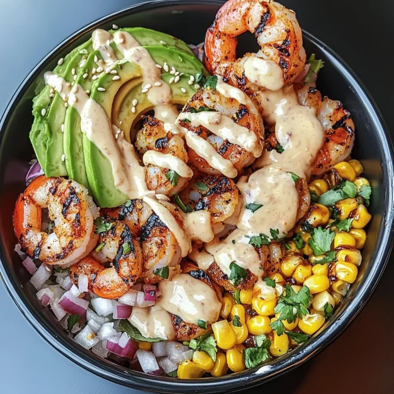 Grilled Shrimp Bowl with Avocado, Corn Salsa & Creamy Garlic Sauce