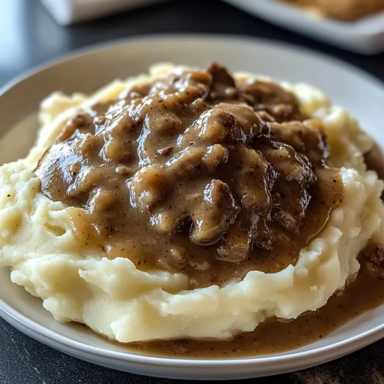 Delicious chicken hamburger Gravy Over Mashed Potatoes